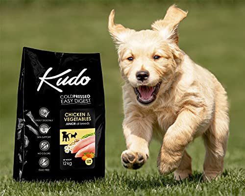Kudo Pienso Seco Prensado en Frío para Perros Juniors de Todos los Tamaños. Receta Natural Junior Pollo. Sin Gluten. Elaborado con Ingredientes Naturales (12 Kg)