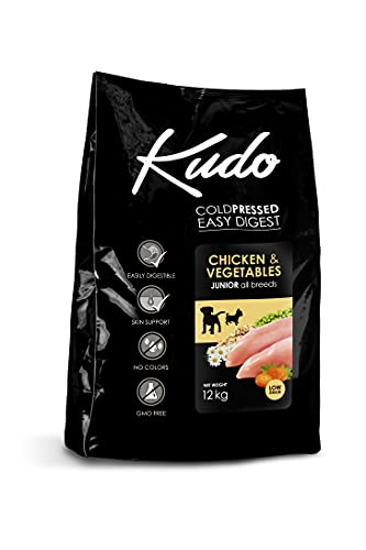 Kudo Pienso Seco Prensado en Frío para Perros Juniors de Todos los Tamaños. Receta Natural Junior Pollo. Sin Gluten. Elaborado con Ingredientes Naturales (12 Kg)