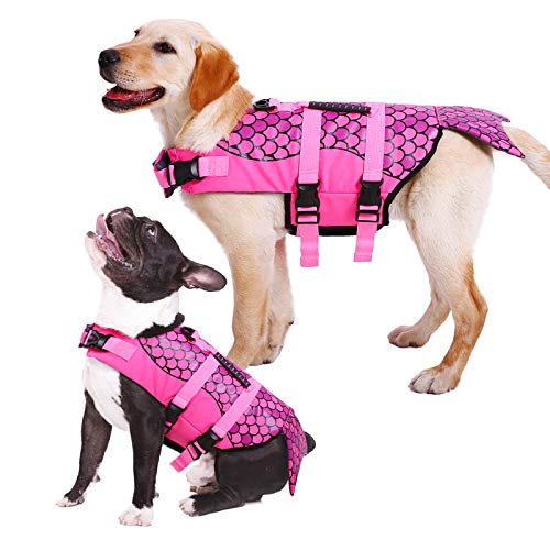 Kuoser Chaleco salvavidas para perro, salvavidas antidesgarros para mascotas con asa de rescate superior, chaleco de flotación de alta visibilidad, traje de baño para la piscina de la playa
