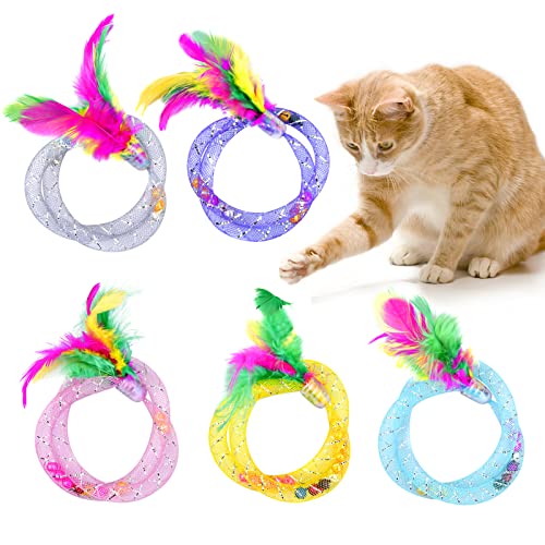 KYSUN 5 Piezas Juguetes Gatos,Juguete Interactivo para Gatos con Plumas, Campana y Cable Flexible,Juguete del Gato de Interior y Exterior para Mejora la Inteligencia/Reactividad