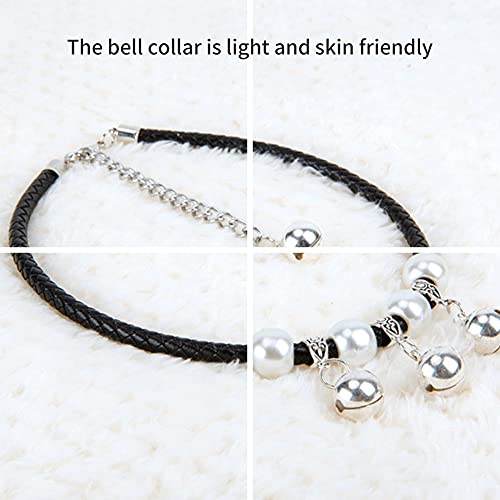 LALFPET Collar de gato con cascabel, tamaño ajustable, piel de vacuno ligera, collar de cuerda trenzada con cuatro campanas, adecuado para mascotas pequeñas, medianas y grandes, negro S