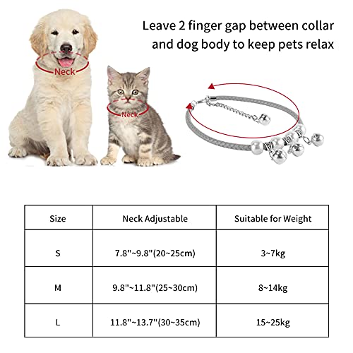LALFPET Collar de gato con cascabel, tamaño ajustable, piel de vacuno ligera, collar de cuerda trenzada con cuatro campanas, adecuado para mascotas pequeñas, medianas y grandes, negro S