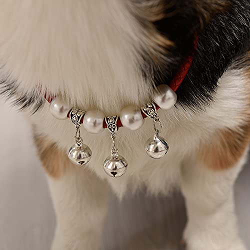 LALFPET Collar de gato con cascabel, tamaño ajustable, piel de vacuno ligera, collar de cuerda trenzada con cuatro campanas, adecuado para mascotas pequeñas, medianas y grandes, negro S
