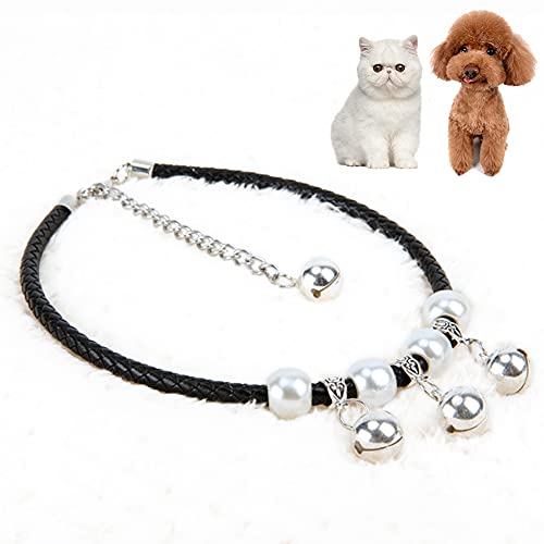 LALFPET Collar de gato con cascabel, tamaño ajustable, piel de vacuno ligera, collar de cuerda trenzada con cuatro campanas, adecuado para mascotas pequeñas, medianas y grandes, negro S
