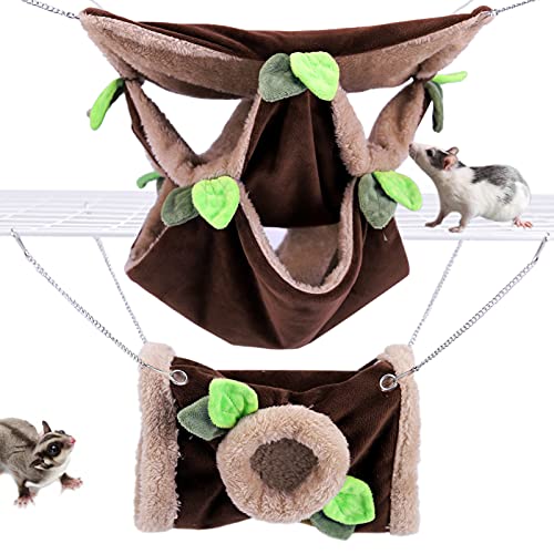 LeerKing Paquete de 2 hamaca pequeña para mascotas de 3 niveles con columpio para colgar cama y túnel de jaula, juguetes para escondite de hojas, accesorios para animales pequeños para ratas