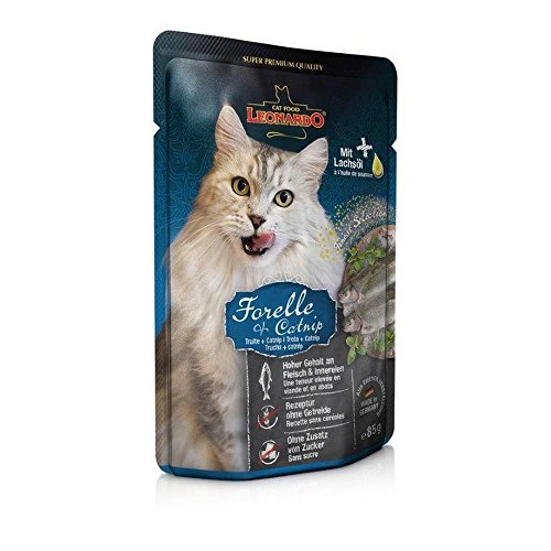 LEONARDO Busta hierba gatera trucha Gr. 85 Húmedo Alimento para los gatos Artículos para mascotas
