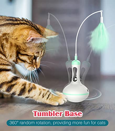 Lewondr Juguete de Pluma para Gatos, Juguete Interactivo, Juguete Divertido para Gatitos con Campana, Diseño de Tentetieso y Dispensador de Comida, para el Entretenimiento para Mascotas, Verde