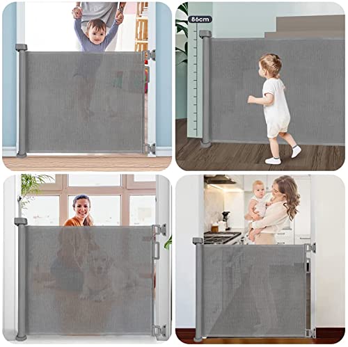 LGZY Puerta retráctil, seguridad extra ancha extensible, (0-150) cm, puerta de seguridad para perros para escaleras, interior, exterior, puertas, gris, 86 x 150