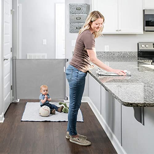 LGZY Puerta retráctil, seguridad extra ancha extensible, (0-150) cm, puerta de seguridad para perros para escaleras, interior, exterior, puertas, gris, 86 x 150