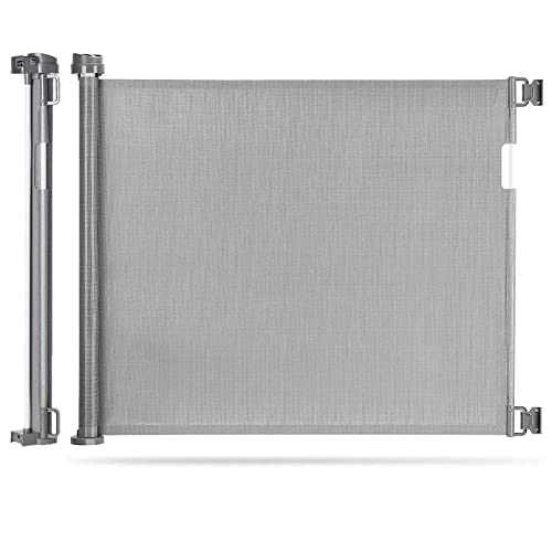 LGZY Puerta retráctil, seguridad extra ancha extensible, (0-150) cm, puerta de seguridad para perros para escaleras, interior, exterior, puertas, gris, 86 x 150