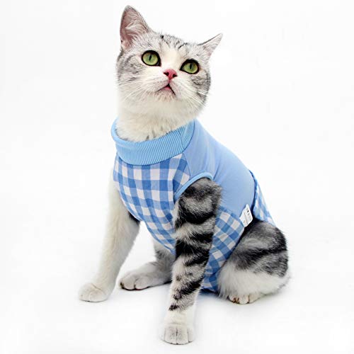 LIANZIMAU Traje de recuperación para Gatos Ropa quirúrgica para heridas Abdominales Enfermedades de la Piel Diseño de Rejilla para Gatos Sustituir el Cono del Collar E después de la cirugía Desgaste