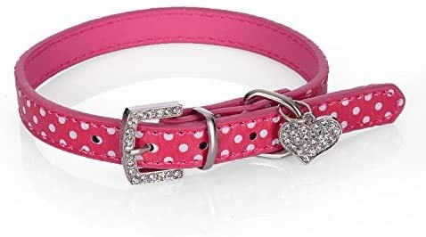 LikeGoods66 Collar de perro para mascota, colgante de amor con diamantes de imitación, collar de gato pequeño, de piel sintética, con lunares para perros pequeños, medianos y niñas (S-37 cm, rosa)