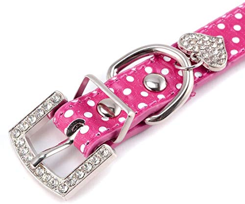 LikeGoods66 Collar de perro para mascota, colgante de amor con diamantes de imitación, collar de gato pequeño, de piel sintética, con lunares para perros pequeños, medianos y niñas (S-37 cm, rosa)