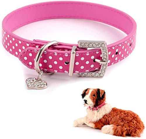 LikeGoods66 Collar de perro para mascota, colgante de amor con diamantes de imitación, collar de gato pequeño, de piel sintética, con lunares para perros pequeños, medianos y niñas (S-37 cm, rosa)
