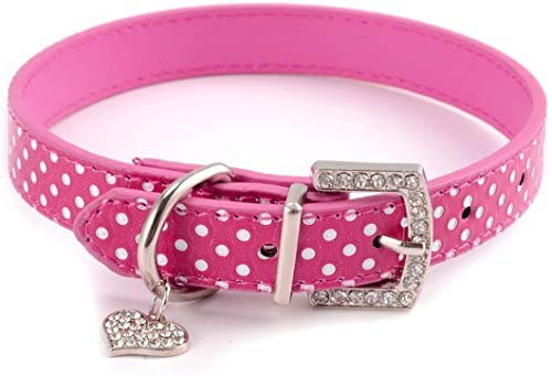 LikeGoods66 Collar de perro para mascota, colgante de amor con diamantes de imitación, collar de gato pequeño, de piel sintética, con lunares para perros pequeños, medianos y niñas (S-37 cm, rosa)
