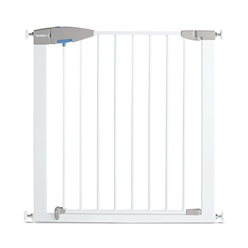 Lindam 4442901 - Barrera de seguridad con puerta. Fijación a presión. Blanca. 76-82 cm