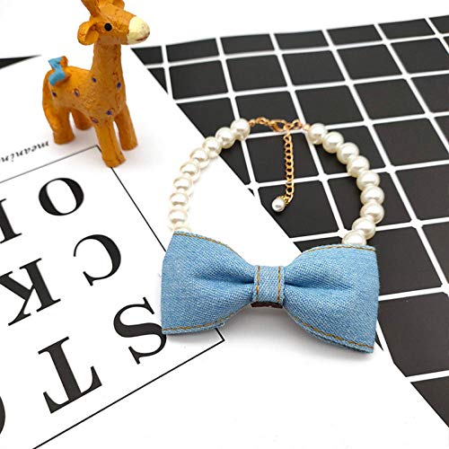 Lindo Collar de Perros Pet Collar DE Pet Denim Bow Pearl Rhinestone Colgante Accesorios Joyería Cuello Cadena para Perros pequeños Gatos de Perro Grande-Azul Claro_S