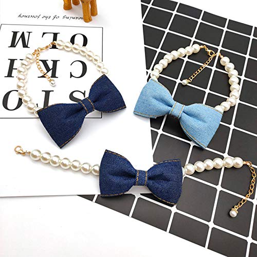 Lindo Collar de Perros Pet Collar DE Pet Denim Bow Pearl Rhinestone Colgante Accesorios Joyería Cuello Cadena para Perros pequeños Gatos de Perro Grande-Azul Claro_S