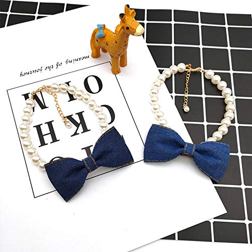 Lindo Collar de Perros Pet Collar DE Pet Denim Bow Pearl Rhinestone Colgante Accesorios Joyería Cuello Cadena para Perros pequeños Gatos de Perro Grande-Azul Claro_S