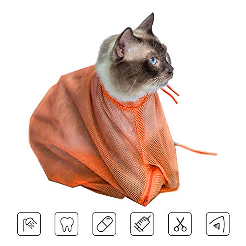 LINVINC Bolso para Aseo de Gatos - Multifuncional Bolsa Ajustable de Lavado Bolsa de Malla de Poliester para Ducha para Bañarse Recorte de Uñas - Naranja