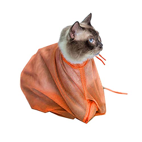 LINVINC Bolso para Aseo de Gatos - Multifuncional Bolsa Ajustable de Lavado Bolsa de Malla de Poliester para Ducha para Bañarse Recorte de Uñas - Naranja
