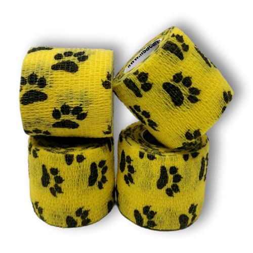 LisaCare Vendaje para patas, 5 cm x 4,5 m, juego de 4 unidades con diseño de huellas y selección, vendaje cohesivo, vendaje para heridas, vendaje elástico, autoadhesivo, sin pegar (patas amarillas)