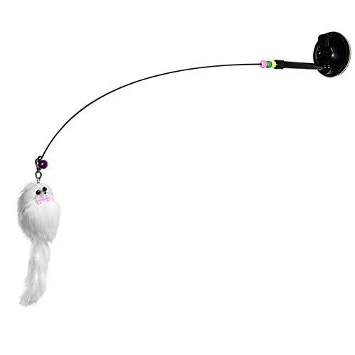 LIZHOUMIL Palo Divertido para Gatos, Alambre de Acero, Ventosa al vacío, Plumas esponjosas, Palo Divertido para Gatos, Juguete Interactivo portátil de Mano para Mascotas Blanco