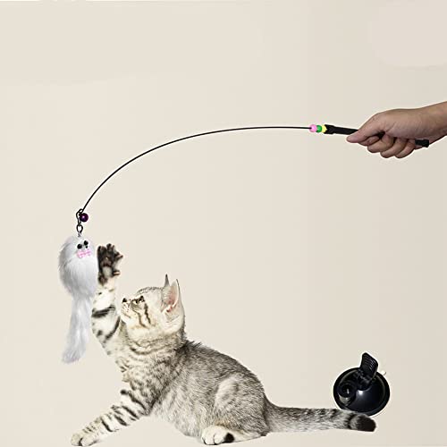 LIZHOUMIL Palo Divertido para Gatos, Alambre de Acero, Ventosa al vacío, Plumas esponjosas, Palo Divertido para Gatos, Juguete Interactivo portátil de Mano para Mascotas Blanco