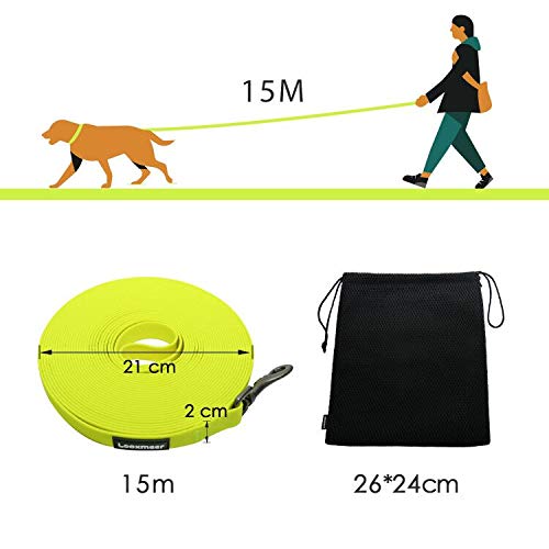 Looxmeer Correa de Adiestramiento Amarillo para Perros 15m, Correa Perro Larga, Cuerda para Perros Manos Libres, Correa Resistente Fuerte para Camping Paseo