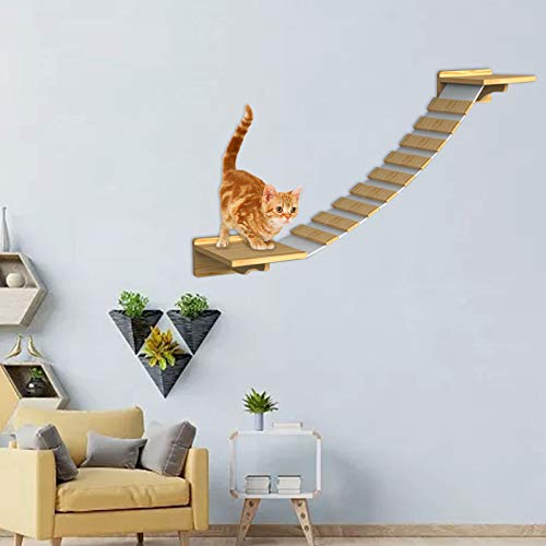 Lrxinki Puente de escalera de gato montado en la pared, Estante de gato montado en la pared y escalera, Marco de escalada de gato de madera maciza Plataforma de salto de gato