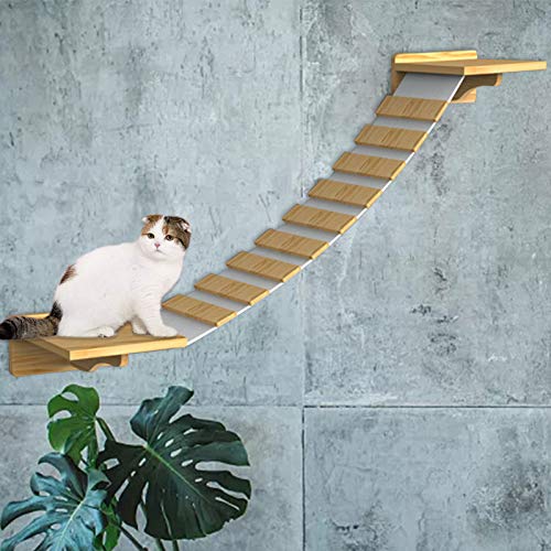 Lrxinki Puente de escalera de gato montado en la pared, Estante de gato montado en la pared y escalera, Marco de escalada de gato de madera maciza Plataforma de salto de gato