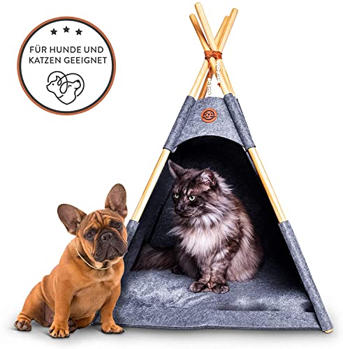 Lucky Lamb Tipi para perros y gatos | tienda de fieltro en 65 x 65 x 90 cm hasta 12 kg | cama para perros y gatos en antracita gris incluye cojín | + perlas para nombre