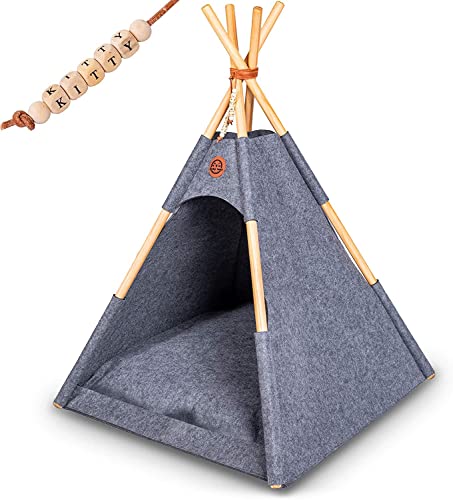 Lucky Lamb Tipi para perros y gatos | tienda de fieltro en 65 x 65 x 90 cm hasta 12 kg | cama para perros y gatos en antracita gris incluye cojín | + perlas para nombre