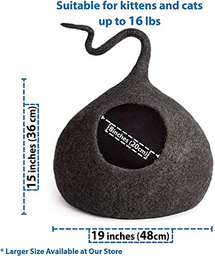Luxury Premium Felt Cat Bed Cave Brown House (grande/XL-44-48CM) - Cama hecha a mano 100% lana merino para gatos y gatitos (gris oscuro)