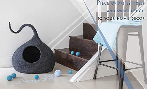 Luxury Premium Felt Cat Bed Cave Brown House (grande/XL-44-48CM) - Cama hecha a mano 100% lana merino para gatos y gatitos (gris oscuro)