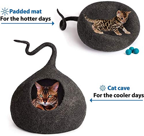Luxury Premium Felt Cat Bed Cave Brown House (grande/XL-44-48CM) - Cama hecha a mano 100% lana merino para gatos y gatitos (gris oscuro)