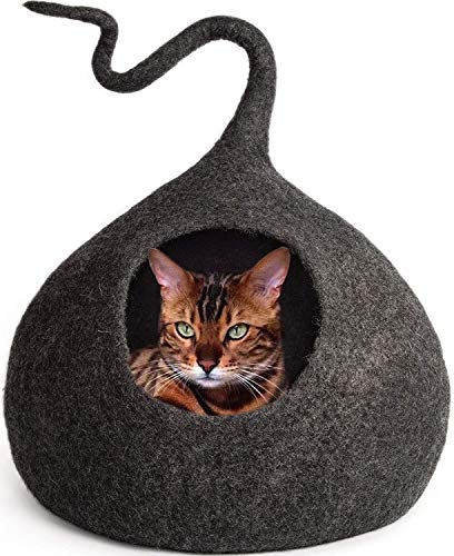 Luxury Premium Felt Cat Bed Cave Brown House (grande/XL-44-48CM) - Cama hecha a mano 100% lana merino para gatos y gatitos (gris oscuro)