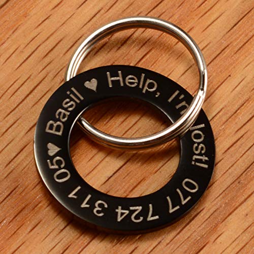 lyl Etiquetas de identificación de Mascotas de Acero Inoxidable Etiquetas de Perro Personalizadas Personalizadas Grabado Frontal/Posterior para Gato y Perro de Anillo Forma (Negro, M)
