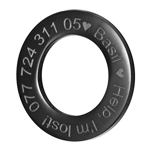 lyl Etiquetas de identificación de Mascotas de Acero Inoxidable Etiquetas de Perro Personalizadas Personalizadas Grabado Frontal/Posterior para Gato y Perro de Anillo Forma (Negro, M)