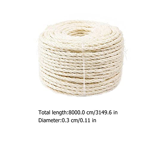 M I A Cuerda de sisal natural de 50 m para rascar el árbol de poste de repuesto para gatos y gatitos beige de 4 mm (color: beige, tamaño: 8000 x 0,3 cm)