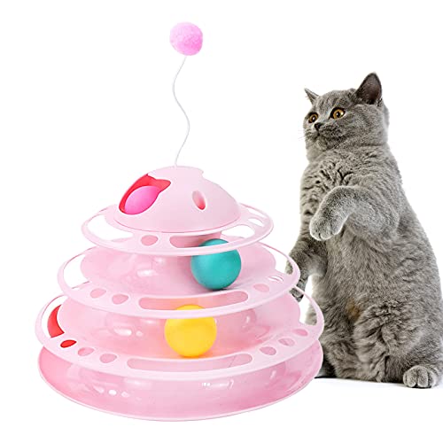MagiDeal Rueda de Juguete para Gatos, Plataforma giratoria de 4 Niveles, Bolas de Juguete para Gatos con Cuatro Bolas de Colores - Antena Rosa
