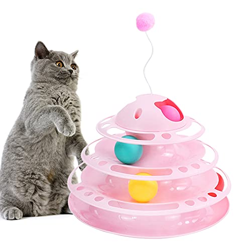 MagiDeal Rueda de Juguete para Gatos, Plataforma giratoria de 4 Niveles, Bolas de Juguete para Gatos con Cuatro Bolas de Colores - Antena Rosa
