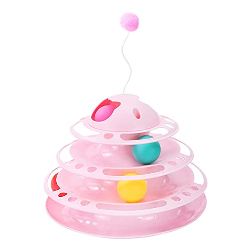 MagiDeal Rueda de Juguete para Gatos, Plataforma giratoria de 4 Niveles, Bolas de Juguete para Gatos con Cuatro Bolas de Colores - Antena Rosa