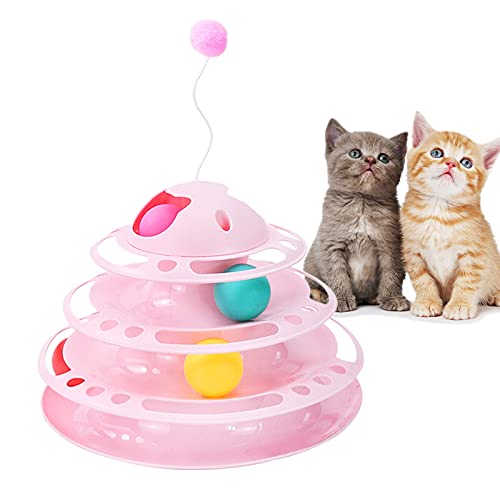 MagiDeal Rueda de Juguete para Gatos, Plataforma giratoria de 4 Niveles, Bolas de Juguete para Gatos con Cuatro Bolas de Colores - Antena Rosa