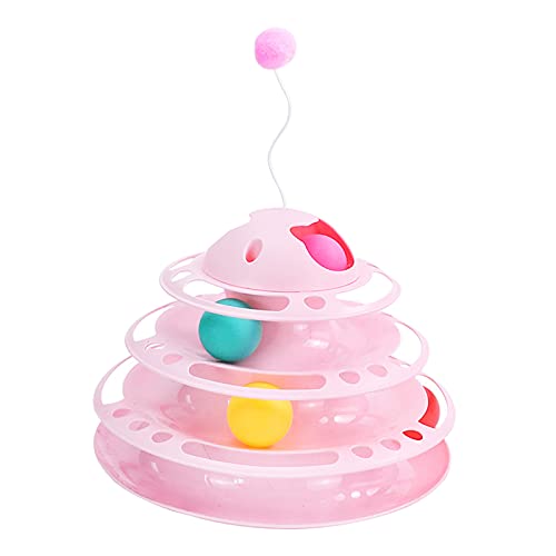 MagiDeal Rueda de Juguete para Gatos, Plataforma giratoria de 4 Niveles, Bolas de Juguete para Gatos con Cuatro Bolas de Colores - Antena Rosa