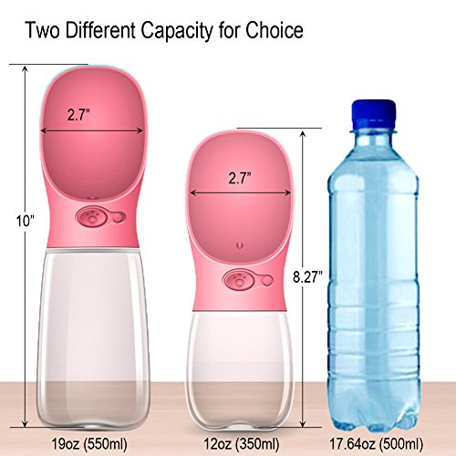 MalsiPree Botella de Agua para Perros, a Prueba de Fugas, Portátil, Dispensador de Agua para Cachorros con Alimentador Automático para Mascotas al Aire Libre, Senderismo, Viajes (550ML, Rosa)