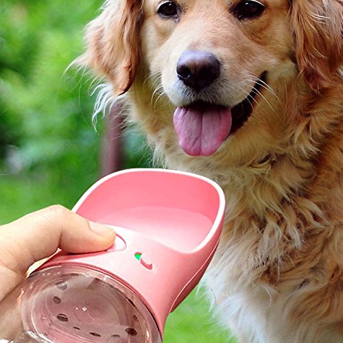 MalsiPree Botella de Agua para Perros, a Prueba de Fugas, Portátil, Dispensador de Agua para Cachorros con Alimentador Automático para Mascotas al Aire Libre, Senderismo, Viajes (550ML, Rosa)