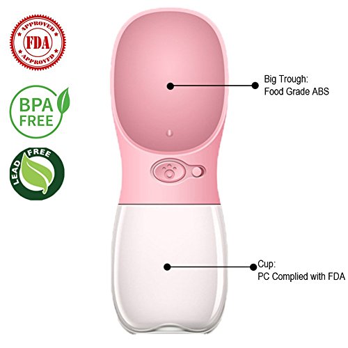 MalsiPree Botella de Agua para Perros, a Prueba de Fugas, Portátil, Dispensador de Agua para Cachorros con Alimentador Automático para Mascotas al Aire Libre, Senderismo, Viajes (550ML, Rosa)