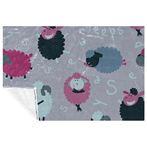 Manta de forro polar suave y manta ligera y acogedora para niños y mascotas, asientos de coche individuales de 59 x 39 pulgadas, color blanco y negro rosa ovejas letra