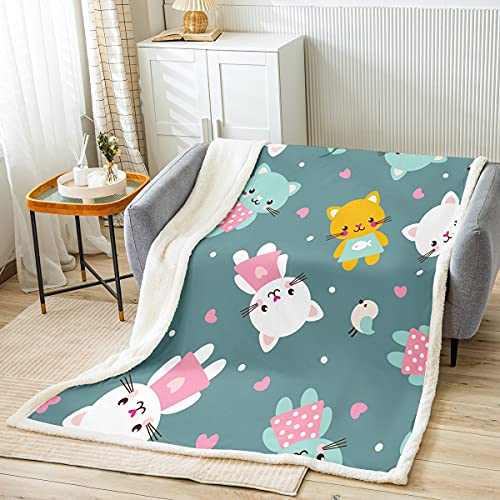 Manta Sherpa de gato de dibujos animados para mascotas, gatos, manta de felpa de animales lindos para pájaros, para cama, sofá, cariño, cálida manta difusa, verde, doble, 60 x 79 pulgadas
